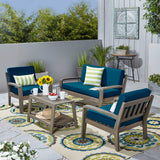 Grenada Patio Conversation Set with Coffee Table, 4-Seater, Acacia Wood, Gray Finish with Teal Outdoor Cushions Noble House