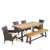 Boden Outdoor 6 Piece Dining Set with Wicker Chairs and Bench, Sandblast Teak and Multi Brown and Beige
