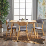 Megann Mid Century Natural Oak Finished 5 Piece Wood Dining Set with Dark Grey Fabric Chairs Noble House