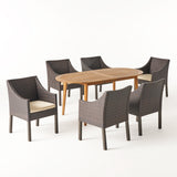 Stamford Outdoor 7-Piece Acacia Wood Dining Set with Wicker Chairs, Teak Finish And Multi Brown and Beige Noble House