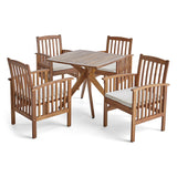 Casa Acacia Patio Dining Set, 4-Seater, 36" Square Table with X-Legs, Teak Finish, Cream Outdoor Cushions Noble House