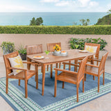 Karen Outdoor 7 Piece Acacia Dining Set, Teak Finish Noble House