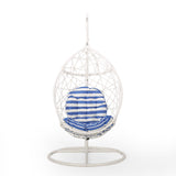 Cayuse Outdoor Wicker Tear Drop Hanging Chair, White and Blue Noble House