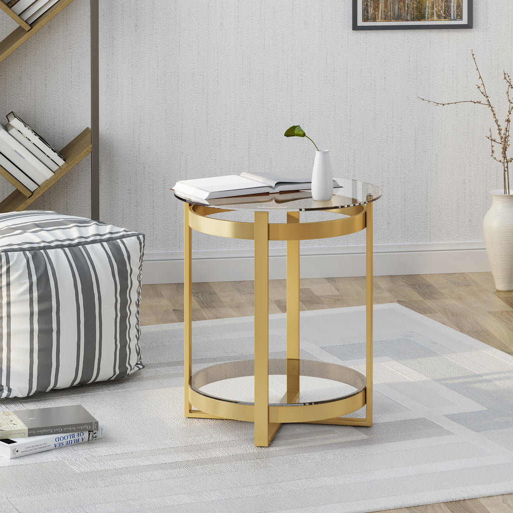 Solidago Tempered Glass Coffee Table | Round | Modern | Iron Frame, Brass Finish Noble House