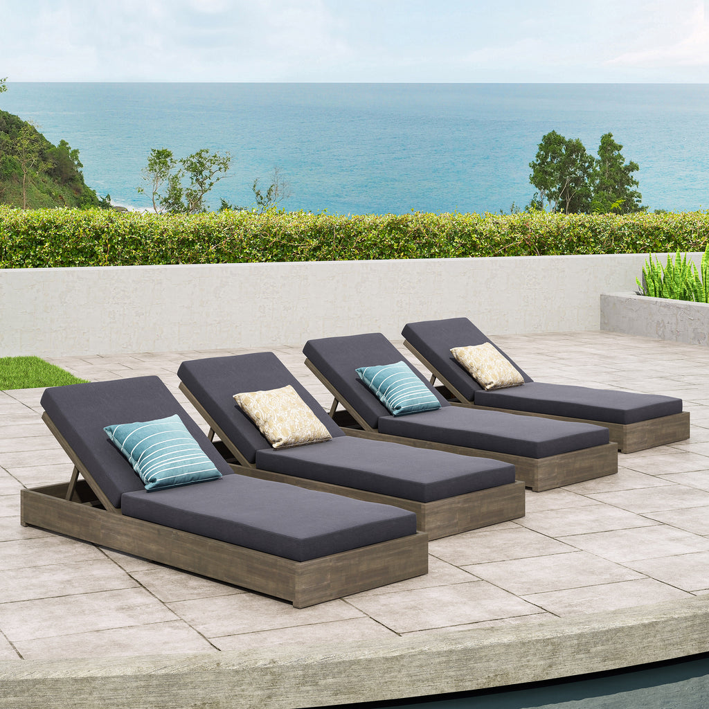 Noble House Ian Outdoor Acacia Wood Chaise Lounge with Cushion (Set of 4), Gray and Dark Gray