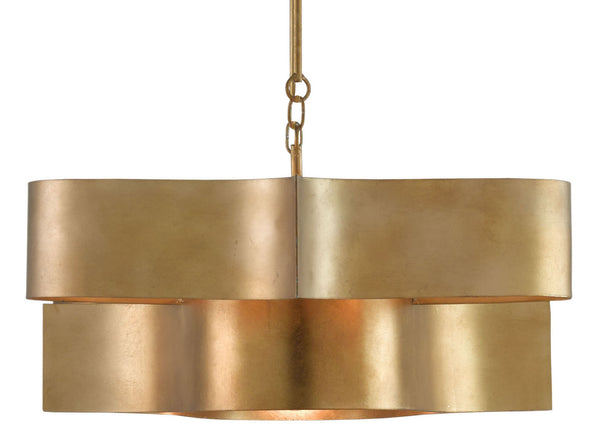 Grand Lotus Gold Oval Chandelier - Elegant Antique Gold Leaf Design, Adjustable Height, 6 Lights