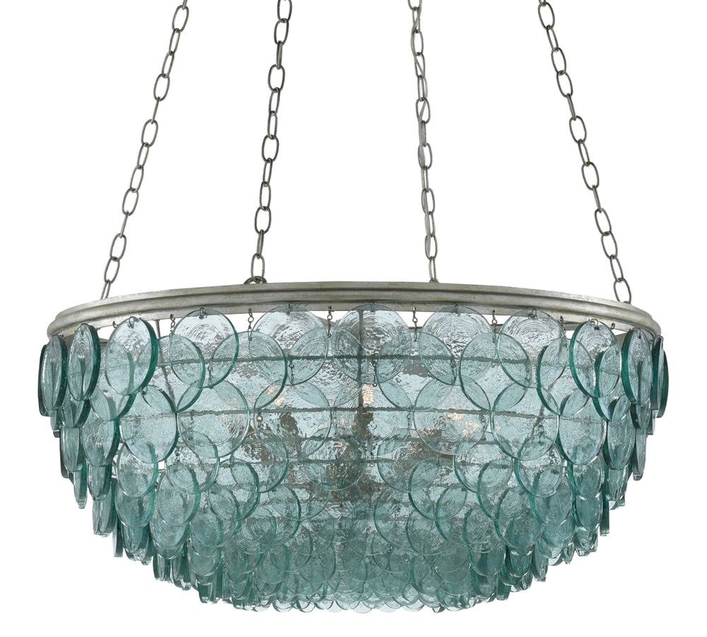 Quorum Small Chandelier - Stunning Recycled Glass & Wrought Iron Design in Silver Leaf Finish