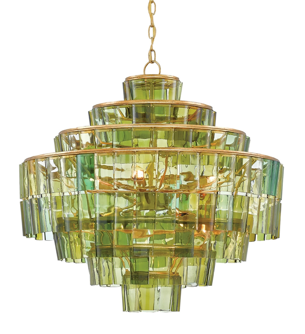 Sommelier Chandelier - Stunning Green Recycled Glass with Gold Leaf Finish for Elegant Home Décor