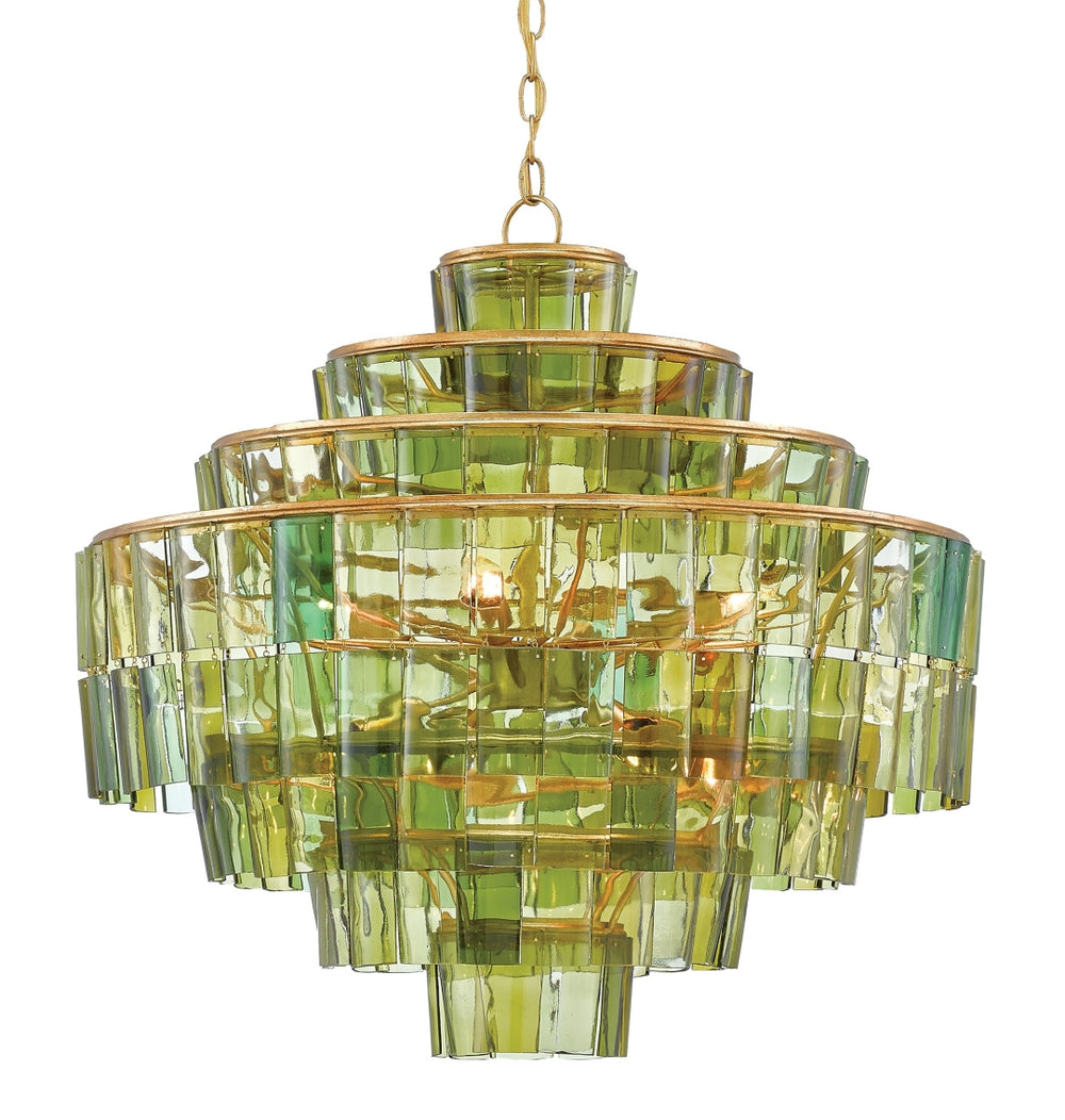 Sommelier Chandelier - Stunning Green Recycled Glass with Gold Leaf Finish for Elegant Home Décor