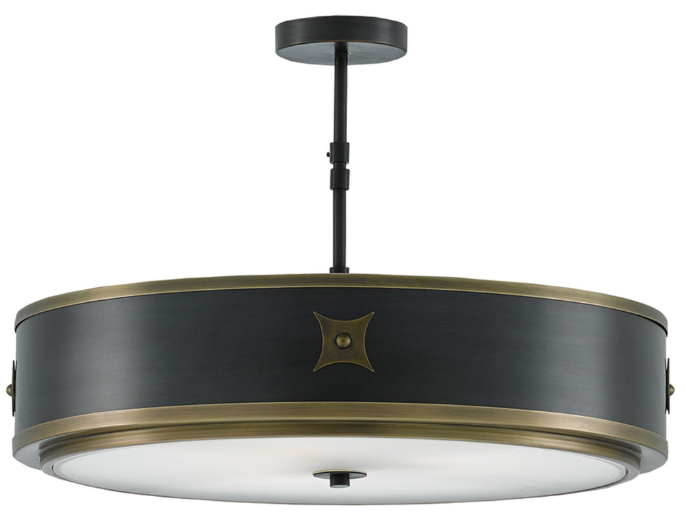 Huntsman Pendant Light - Elegant Satin Black & Antique Brass Drum Shade with Decorative Medallions