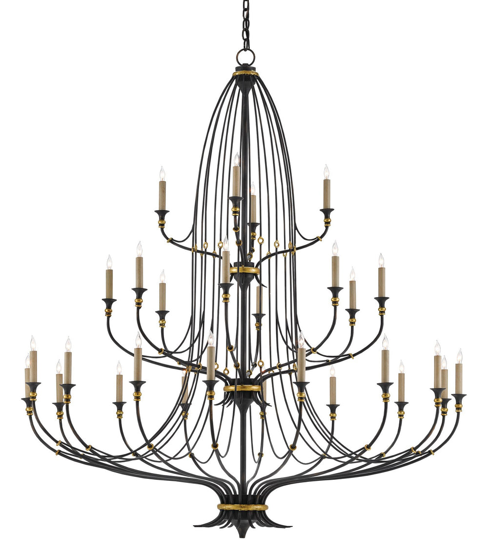 Folgate Grande Chandelier - 28-Light Wrought Iron Fixture with French Black & Gold Leaf Finish