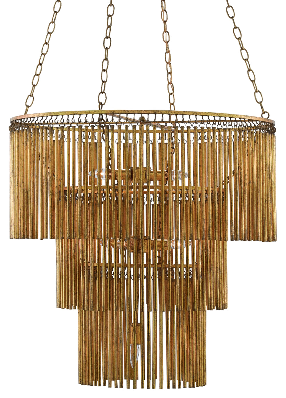 Mantra Chandelier - Elegant Gold Leaf Mid-Century Modern Fixture with 3 Tiers and Distressed Finish