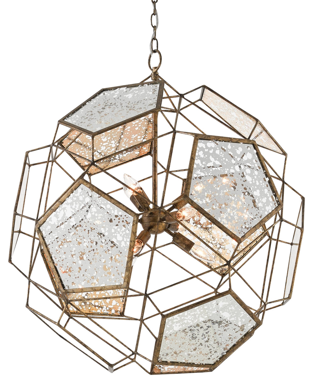 Julius Orb Chandelier: Elegant Geodesic Design in Pyrite Bronze with Radiant Raj Mirror Glass Panels