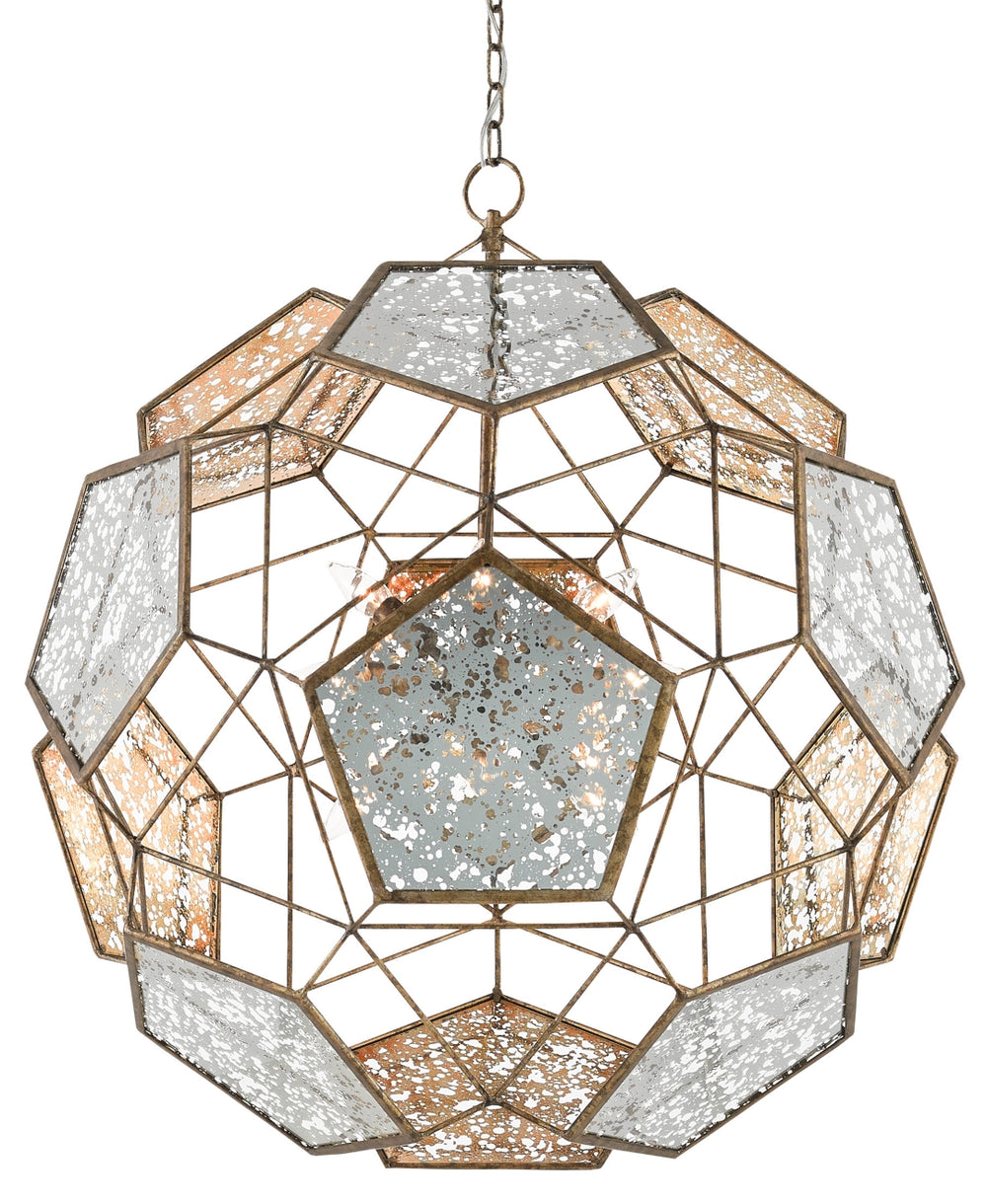 Julius Orb Chandelier: Elegant Geodesic Design in Pyrite Bronze with Radiant Raj Mirror Glass Panels