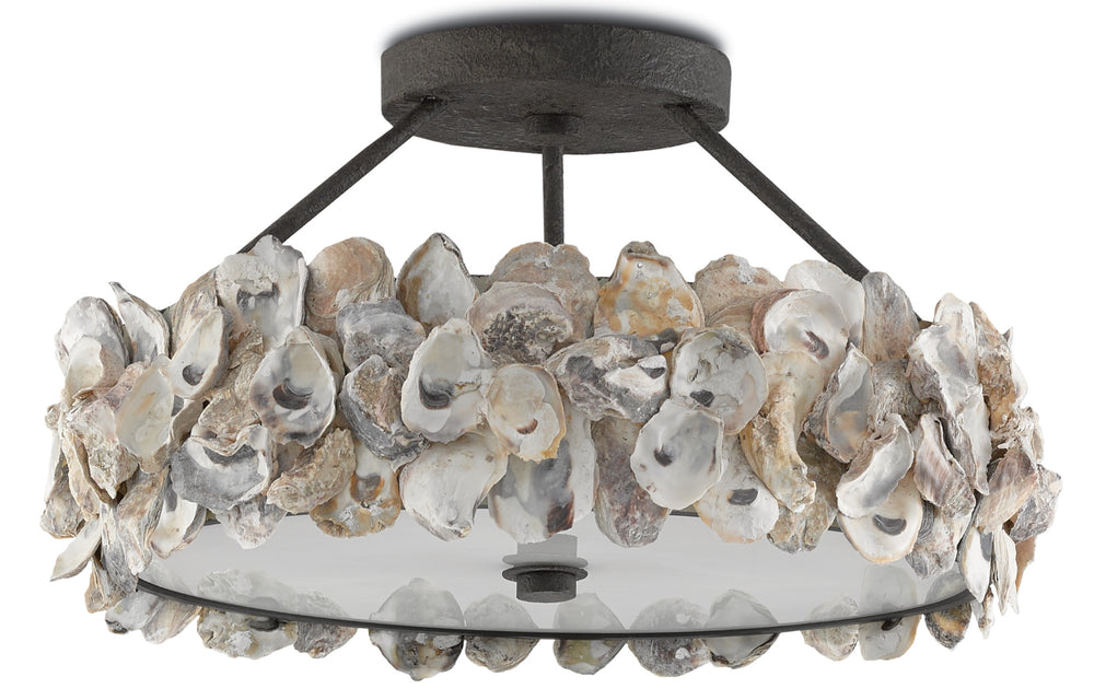 Oyster Semi-Flush Ceiling Light Fixture with Natural Shells, Textured Bronze Frame & Rustic Charm