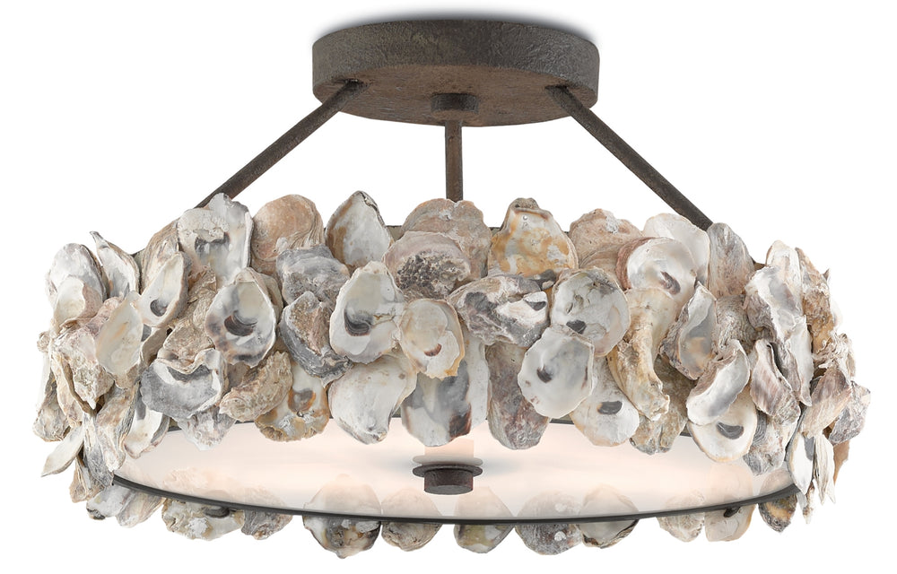 Oyster Semi-Flush Ceiling Light Fixture with Natural Shells, Textured Bronze Frame & Rustic Charm