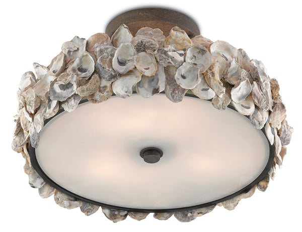 Oyster Semi-Flush Ceiling Light Fixture with Natural Shells, Textured Bronze Frame & Rustic Charm