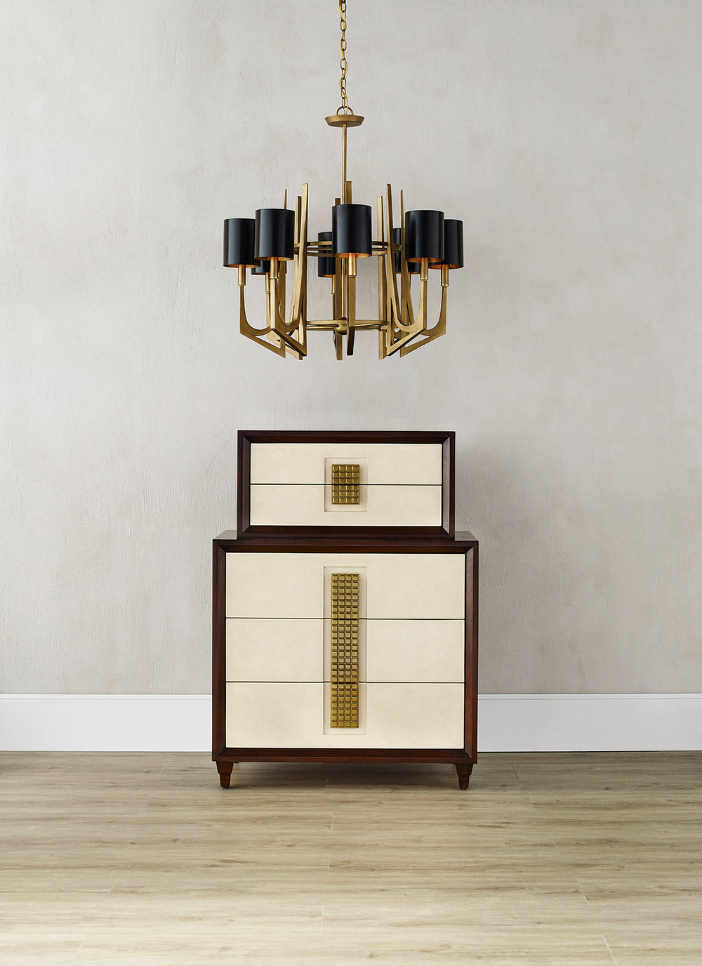 Umberto Chandelier - Elegant Brass Finish Eight-Light Design with Black Metal Shades for Any Room