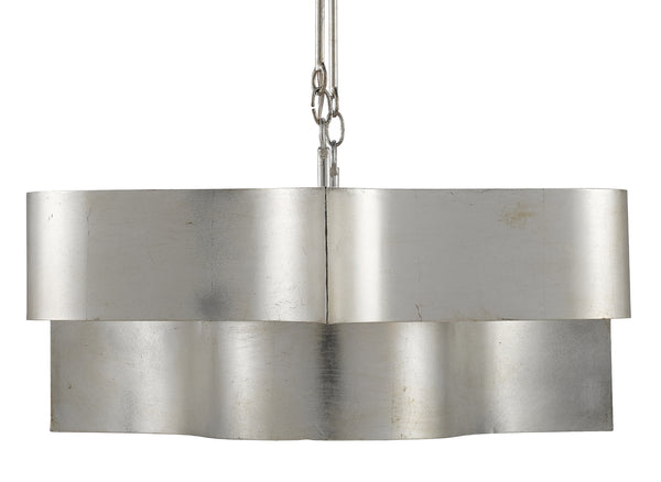 Grand Lotus Silver Oval Chandelier - Elegant Wrought Iron Design with Antique Silver Leaf Finish