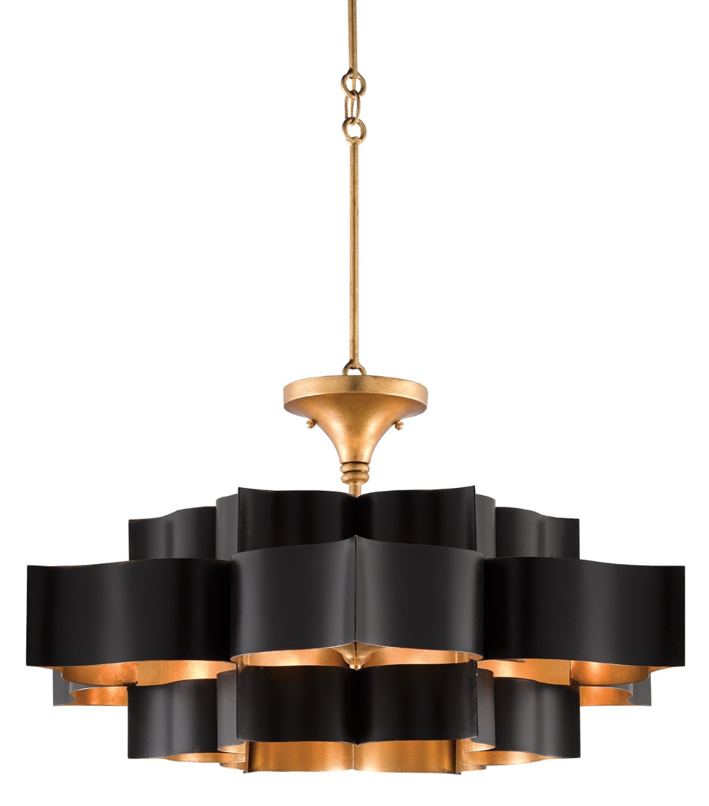 Grand Lotus Black Chandelier - Elegant Wrought Iron Design with Gold Leaf Finish, Adjustable Height