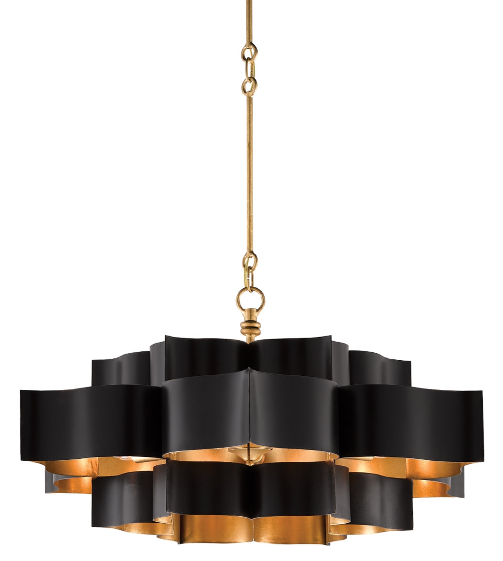 Grand Lotus Black Chandelier - Elegant Wrought Iron Design with Gold Leaf Finish, Adjustable Height