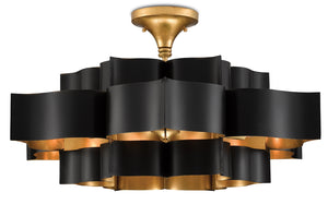 Grand Lotus Black Chandelier - Elegant Wrought Iron Design with Gold Leaf Finish, Adjustable Height