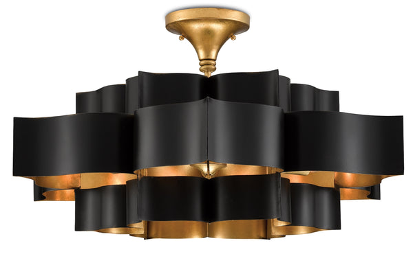 Grand Lotus Black Chandelier - Elegant Wrought Iron Design with Gold Leaf Finish, Adjustable Height