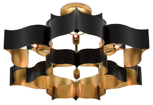 Grand Lotus Black Chandelier - Elegant Wrought Iron Design with Gold Leaf Finish, Adjustable Height