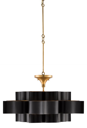 Grand Lotus Black Chandelier - Elegant Wrought Iron Design with Gold Leaf Finish, Adjustable Height