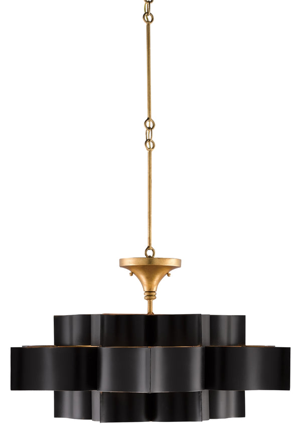 Grand Lotus Black Chandelier - Elegant Wrought Iron Design with Gold Leaf Finish, Adjustable Height