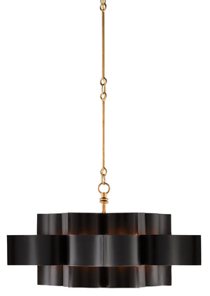 Grand Lotus Black Chandelier - Elegant Wrought Iron Design with Gold Leaf Finish, Adjustable Height
