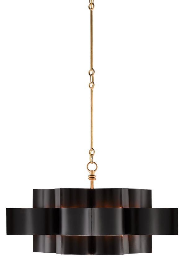 Grand Lotus Black Chandelier - Elegant Wrought Iron Design with Gold Leaf Finish, Adjustable Height