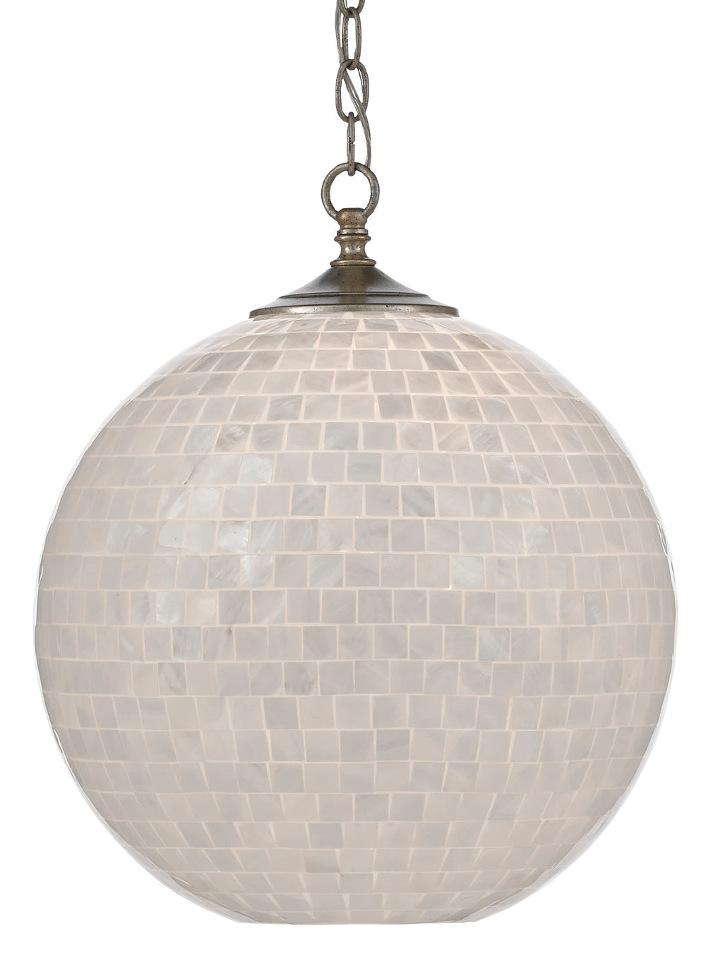 Finhorn Pendant Light - Elegant Mother of Pearl Orb with Antique Silver Leaf Finish, Adjustable Height