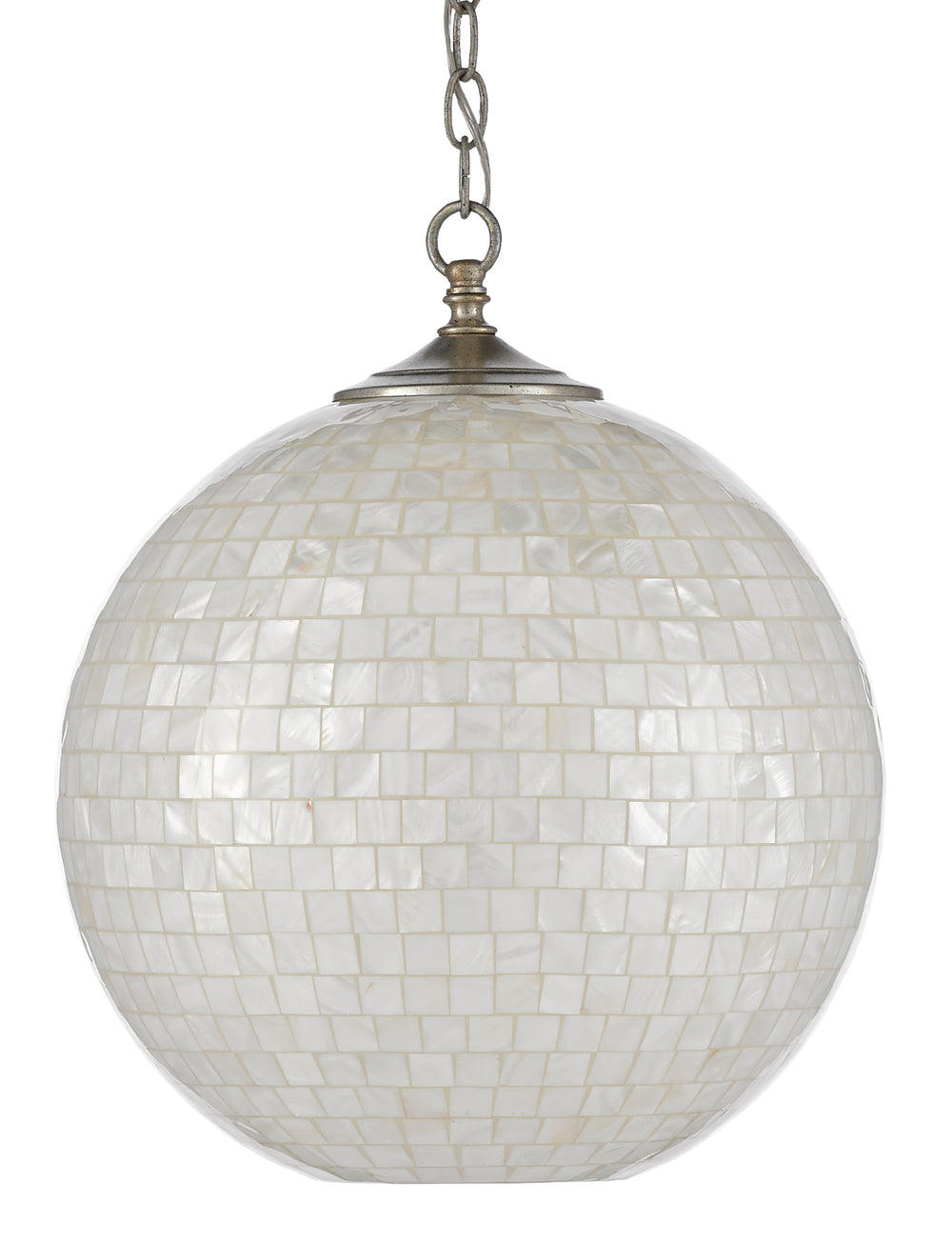 Finhorn Pendant Light - Elegant Mother of Pearl Orb with Antique Silver Leaf Finish, Adjustable Height