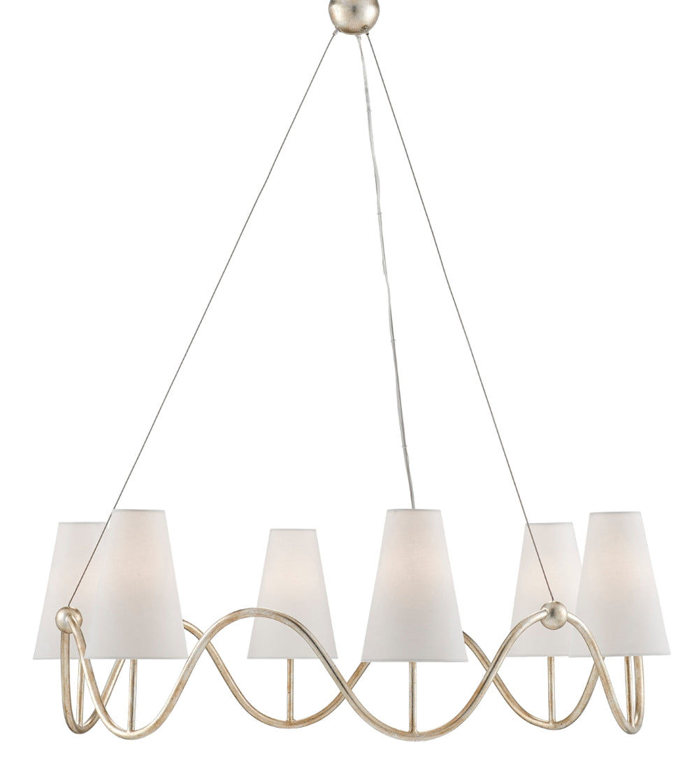Kadir Chandelier: Elegant Silver Granello Wrought Iron Design with Off-White Linen Shades, Adjustable