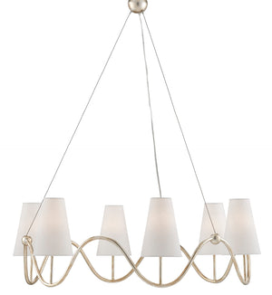 Kadir Chandelier: Elegant Silver Granello Wrought Iron Design with Off-White Linen Shades, Adjustable