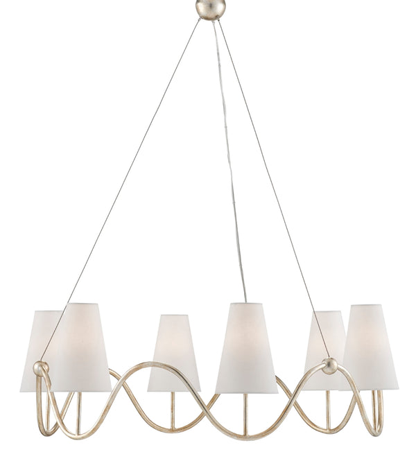 Kadir Chandelier: Elegant Silver Granello Wrought Iron Design with Off-White Linen Shades, Adjustable