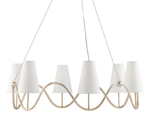 Kadir Chandelier: Elegant Silver Granello Wrought Iron Design with Off-White Linen Shades, Adjustable
