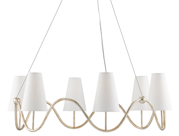 Kadir Chandelier: Elegant Silver Granello Wrought Iron Design with Off-White Linen Shades, Adjustable