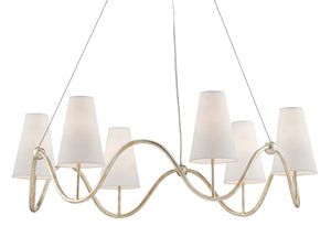 Kadir Chandelier: Elegant Silver Granello Wrought Iron Design with Off-White Linen Shades, Adjustable