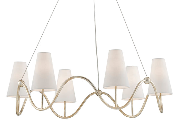 Kadir Chandelier: Elegant Silver Granello Wrought Iron Design with Off-White Linen Shades, Adjustable