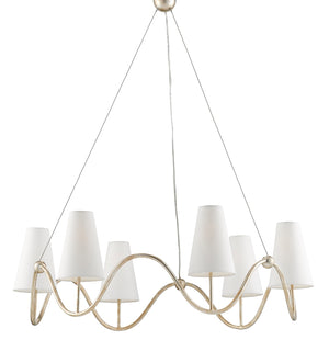 Kadir Chandelier: Elegant Silver Granello Wrought Iron Design with Off-White Linen Shades, Adjustable