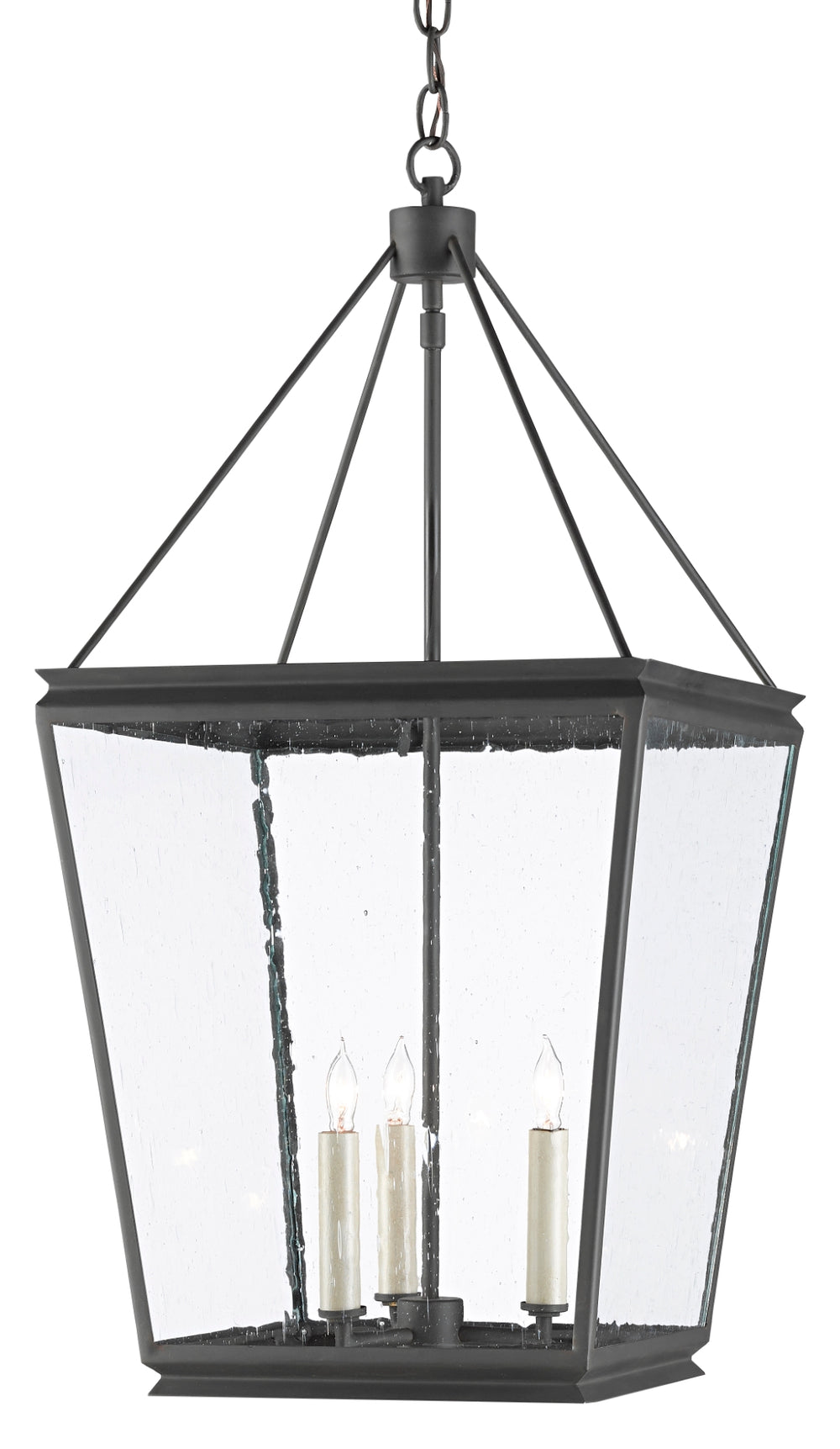 Ellerman Lantern – Classic Wrought Iron Pendant Light with Seeded Glass, Adjustable Height Design