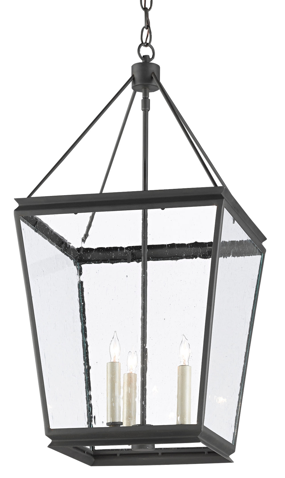 Ellerman Lantern – Classic Wrought Iron Pendant Light with Seeded Glass, Adjustable Height Design