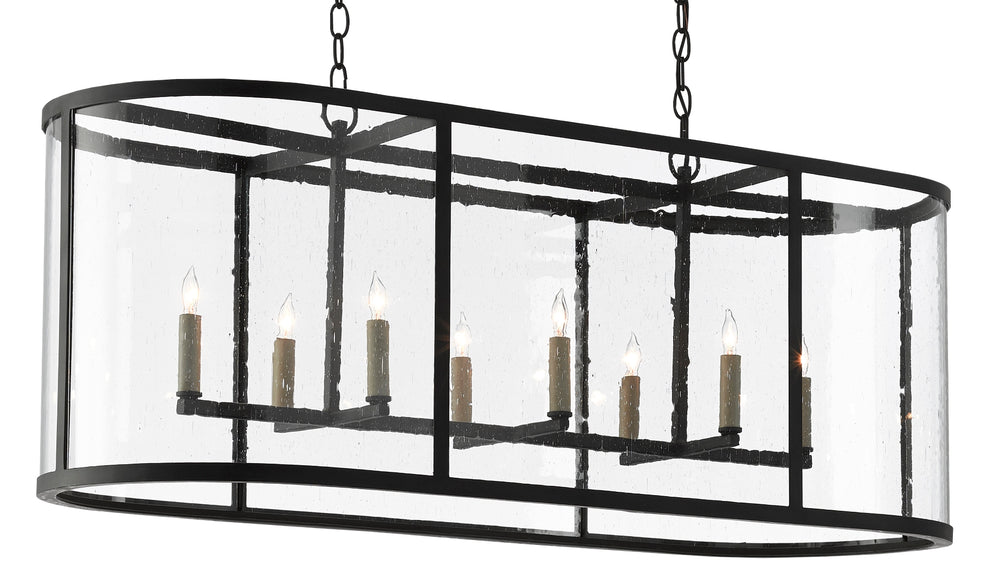 Argand Black Metal Oval Chandelier with Seeded Glass Shade – Adjustable Height, Elegant Design