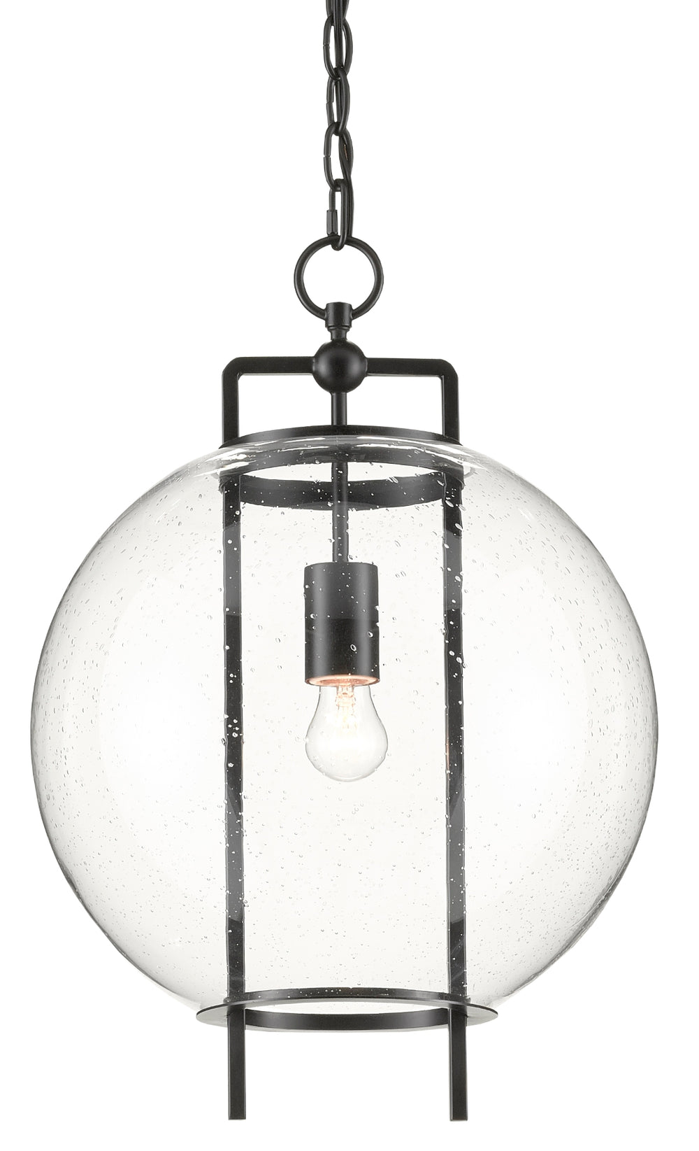 Breakspear Pendant Light – Antique Black Geometric Design with Seeded Glass Globe for Sophisticated Style