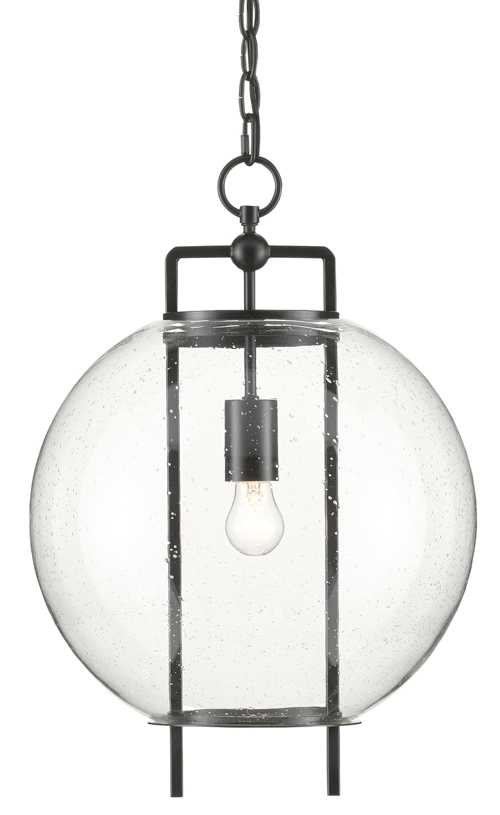 Breakspear Pendant Light – Antique Black Geometric Design with Seeded Glass Globe for Sophisticated Style