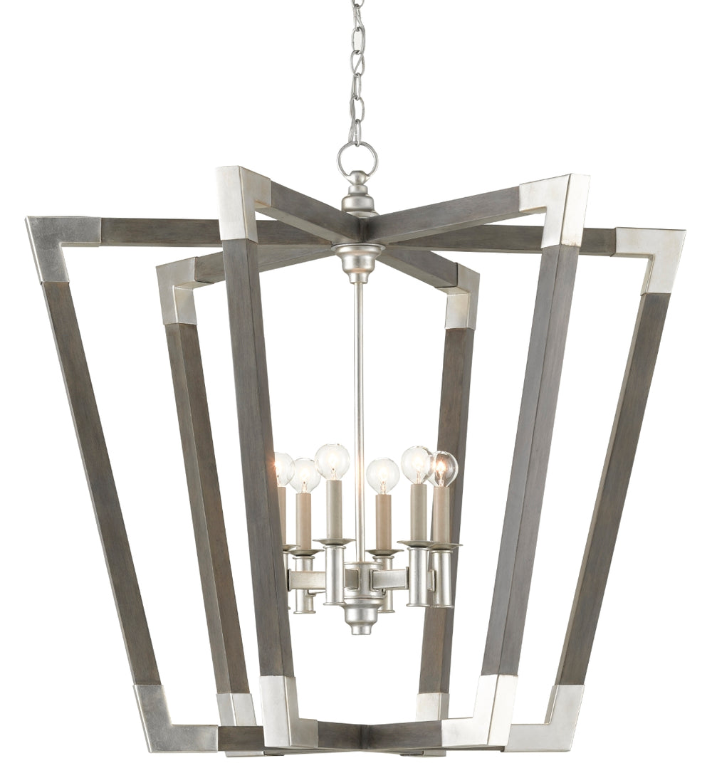 Bastian Large Gray Lantern Chandelier - Elegant Wrought Iron & Wood Fixture with Adjustable Height