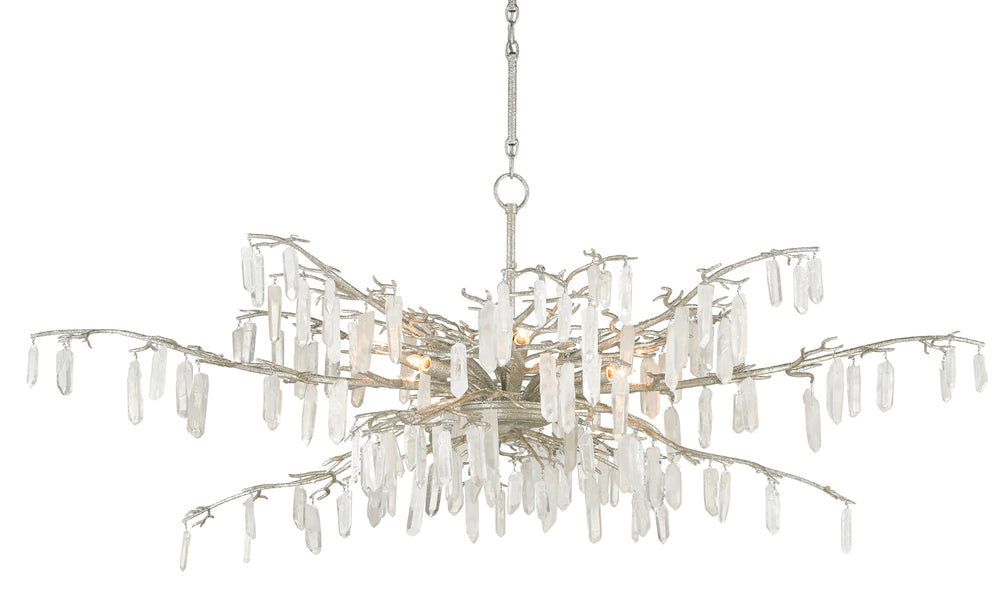 Forest Dawn Silver Chandelier: Exquisite Crystal Elegance with Textured Finish, Adjustable Height Design