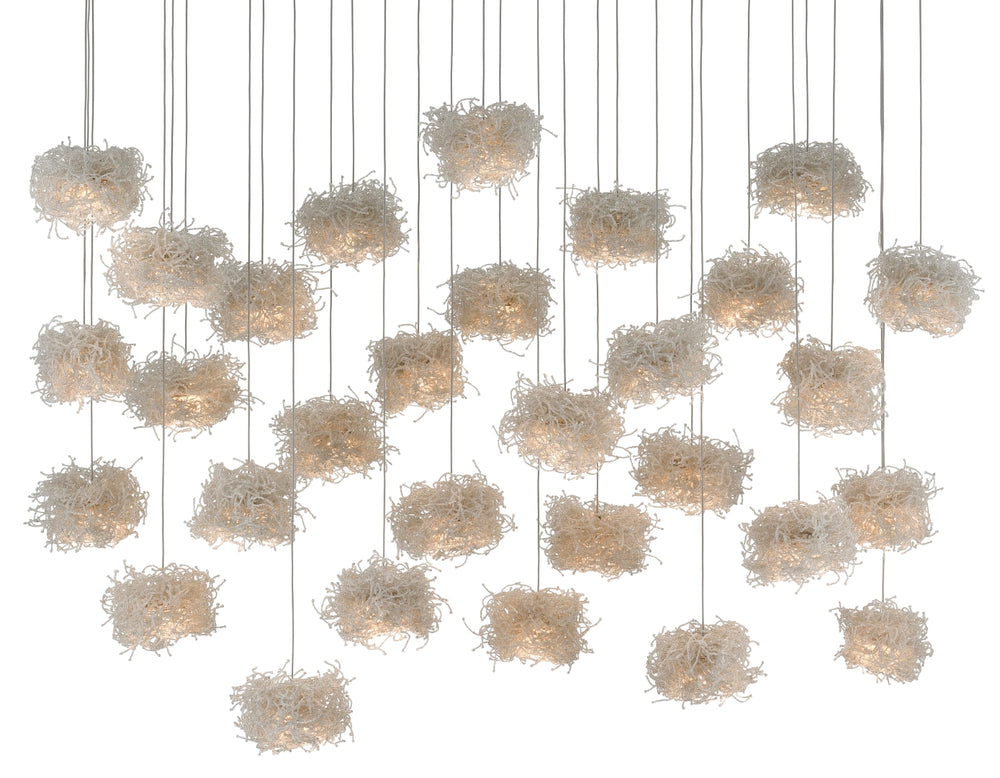 Birds Nest 30-Light Multi-Drop Pendant - Whimsical Beaded Design, Adjustable Height, Silver Finish
